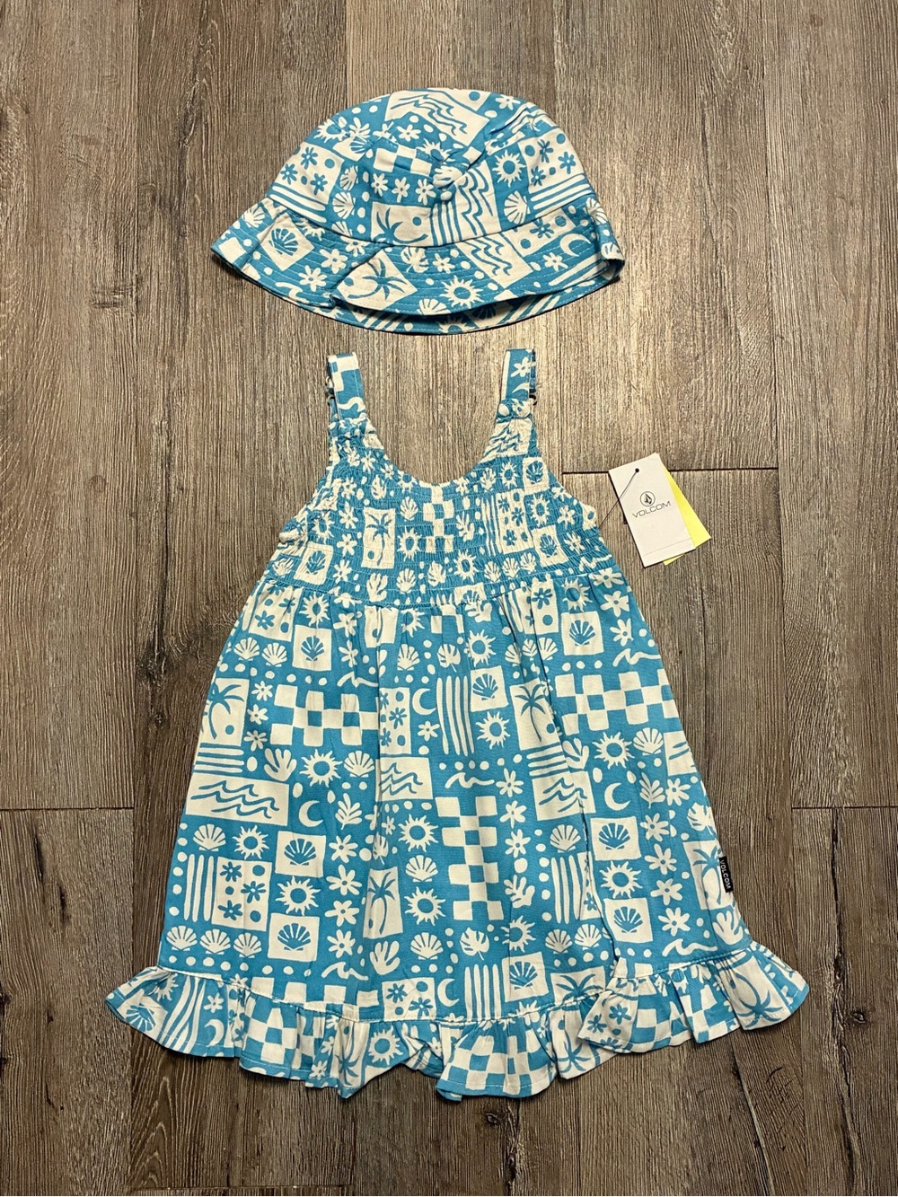 Volcom Girls Blue & White Tropical-Print Sundress with Hat
